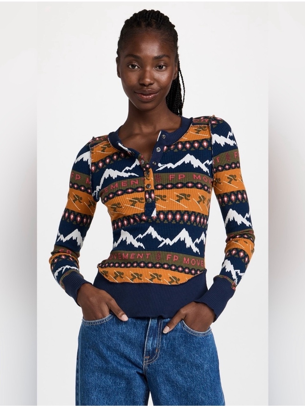 FP Movement Free People Rally Printed Layer Henley Top Ski XS